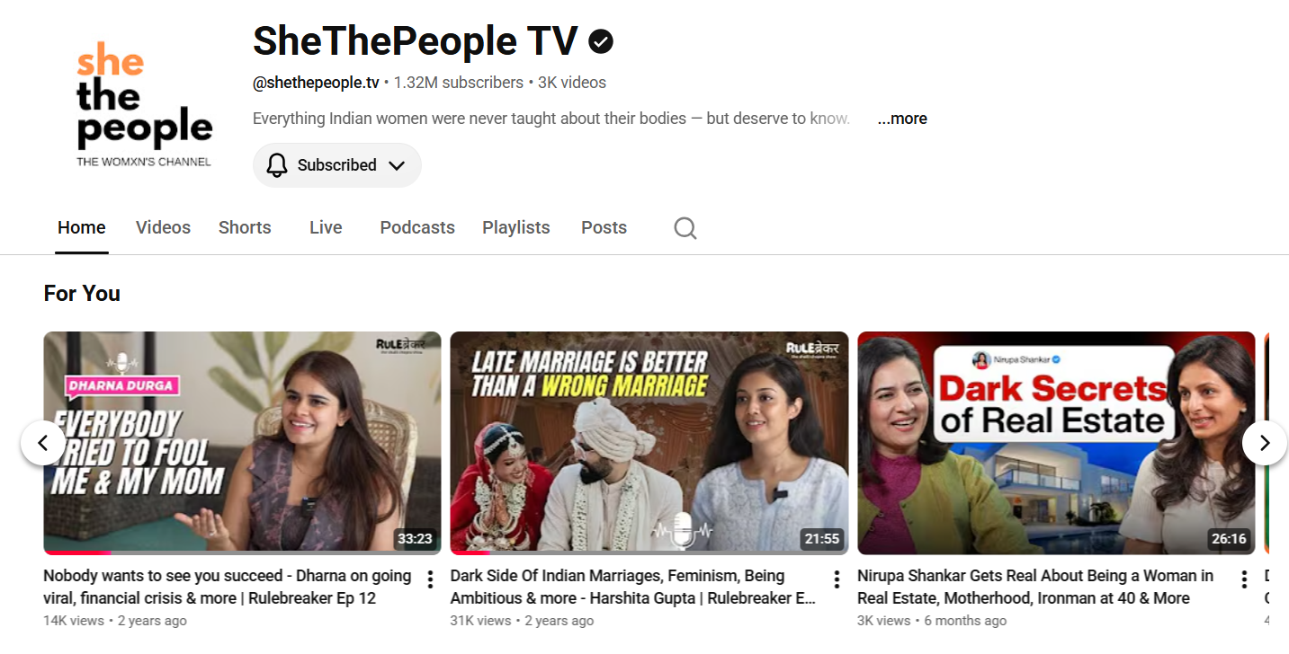 SheThePeople YouTube channel and video thumbnails