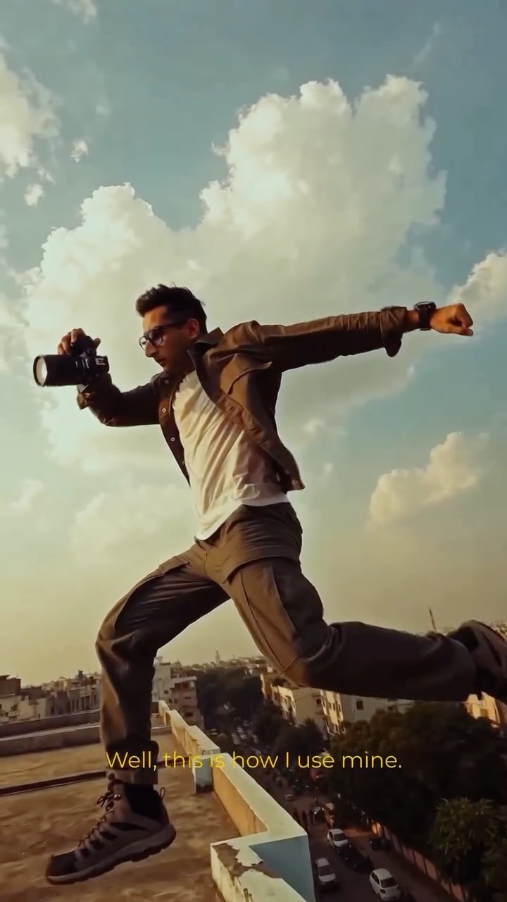 A photographer leaping across a rooftop while holding a camera
