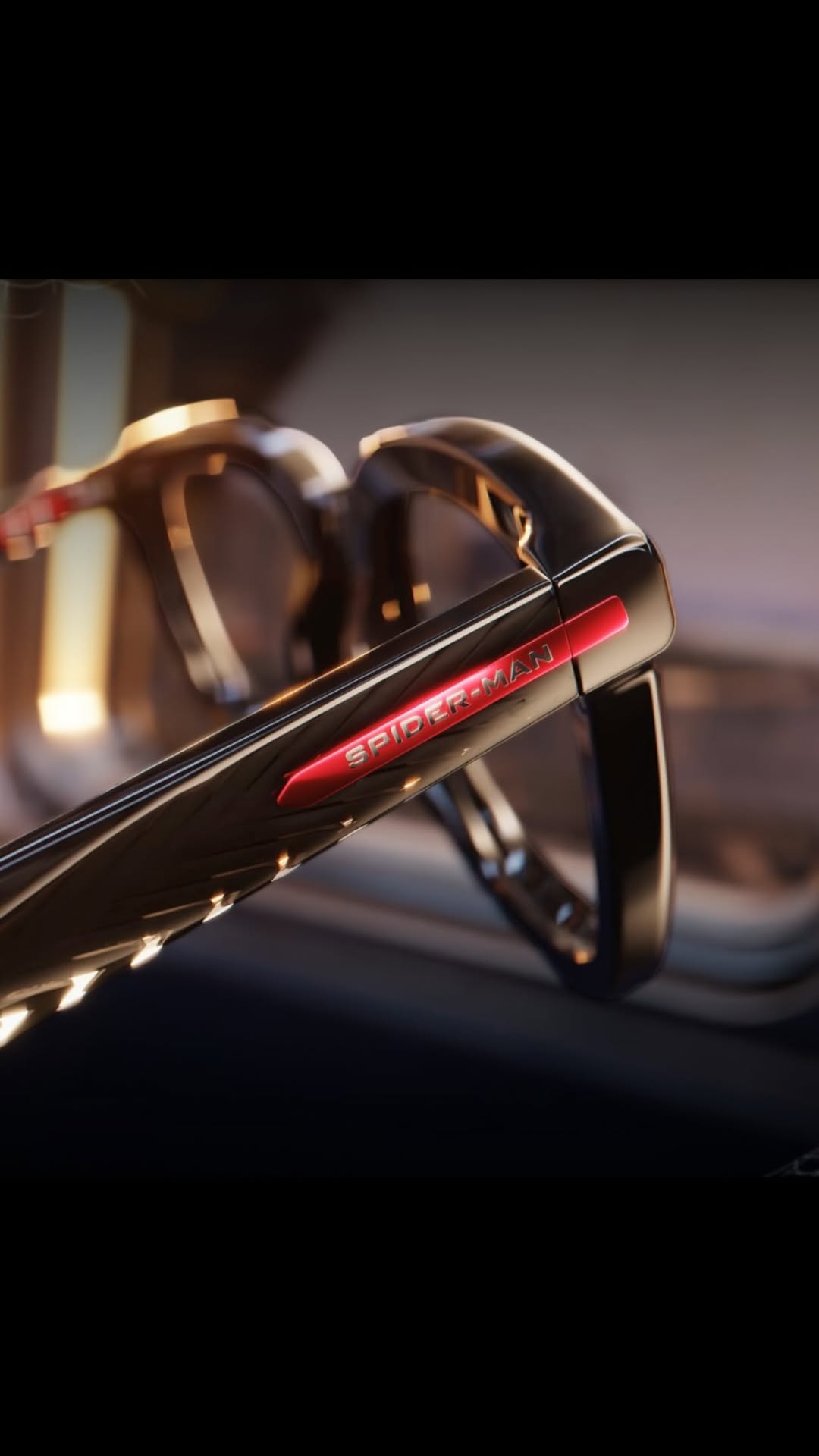Close-up product film frame of black Spider-Man eyewear